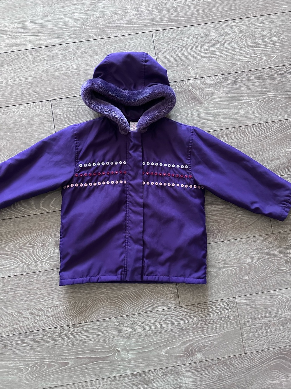 Vintage Gymboree Purple Hooded Raincoat with Faux Fur Trim